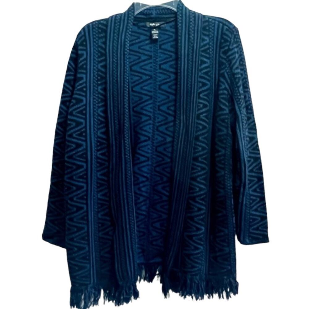 Style & Co Open Front Cardigan XL – Navy Blue Aztec Pattern Knit Fringe Sweater